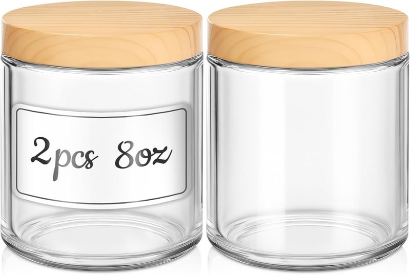 Tecohouse 8 OZ Glass Jars with Lids, 2 Pcs Candle Jars with Plastic Woodgrain Lids & Inner Liners, Reusable Travel Containers for Creams, Makeup, Lotion, Cosmetic - Image 1